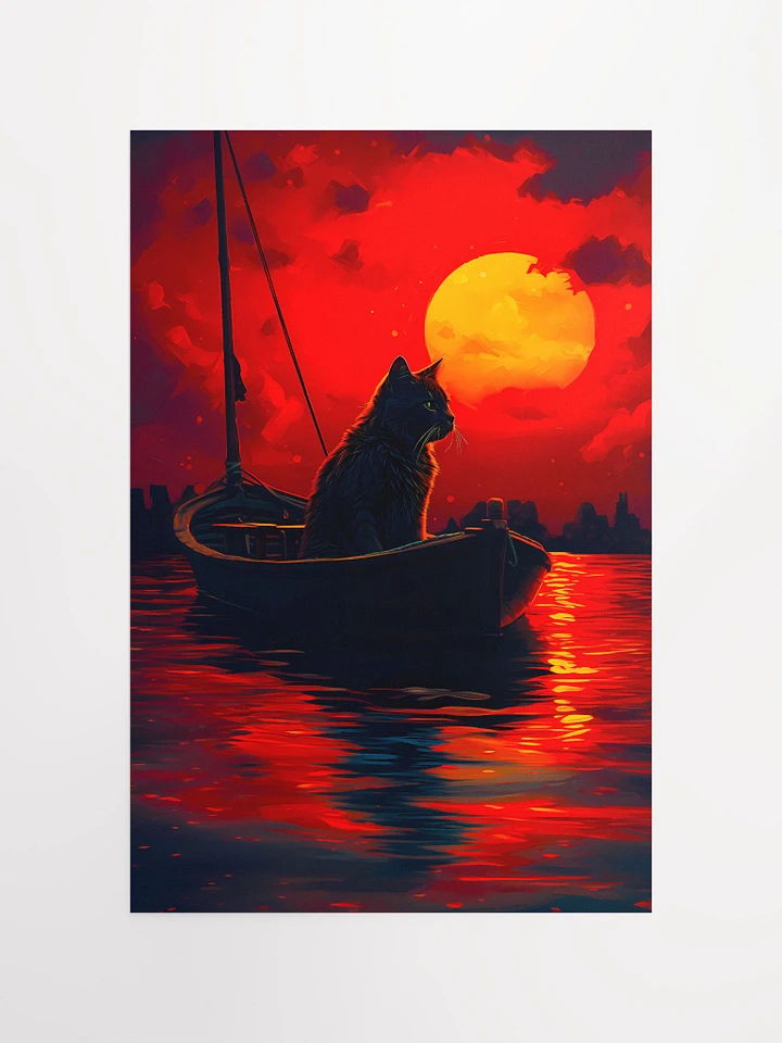 Cat on a Boat in Crimson Moonlit Sea Full Moon Matte Poster product image (2)