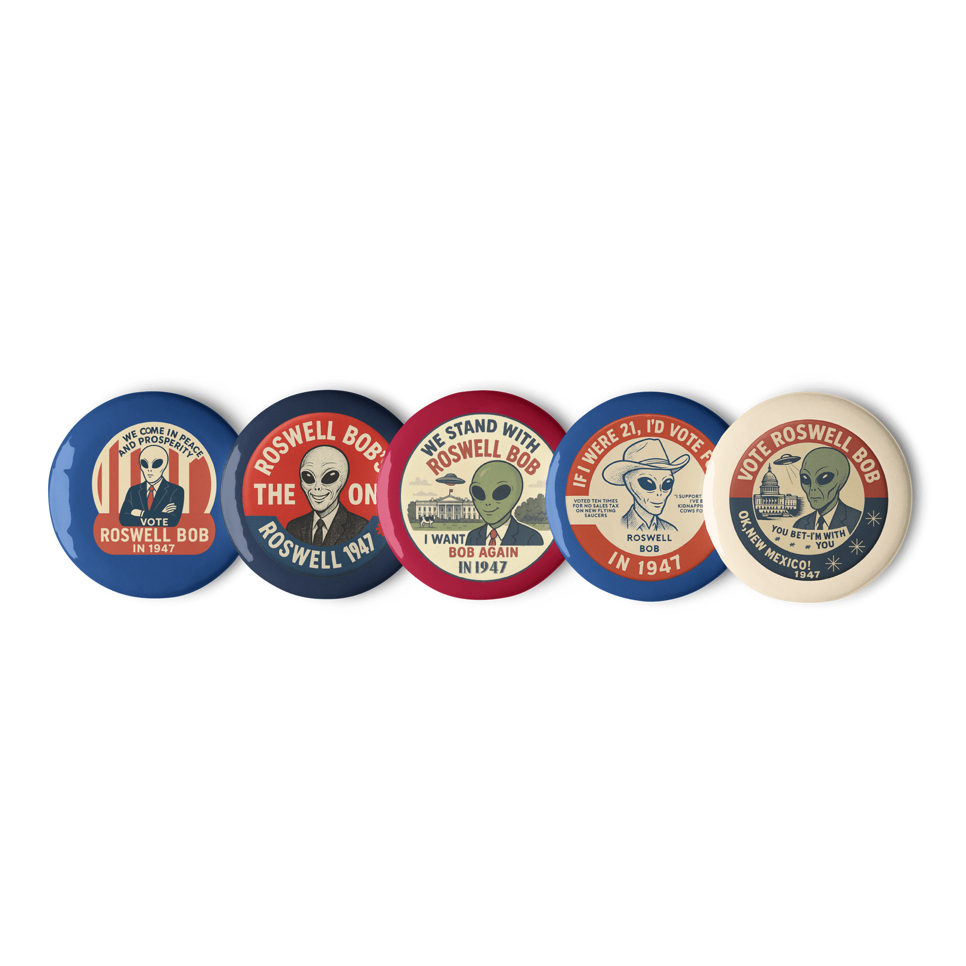 1947 Political Campaign Roswell Aliens Pin Buttons (Set of 5) product image (2)