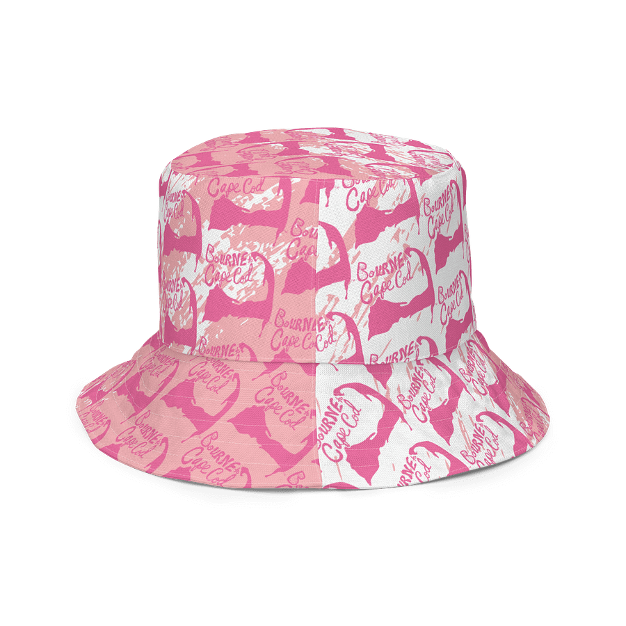 Adults Unisex | Reversible Bucket Hat | BOURNE to Cape Cod™ x BRN.2C.C.™ All-Over Logo Print | Coastal Style Sun Hat | Brilliant Rose on Pink & White Splash product image (6)