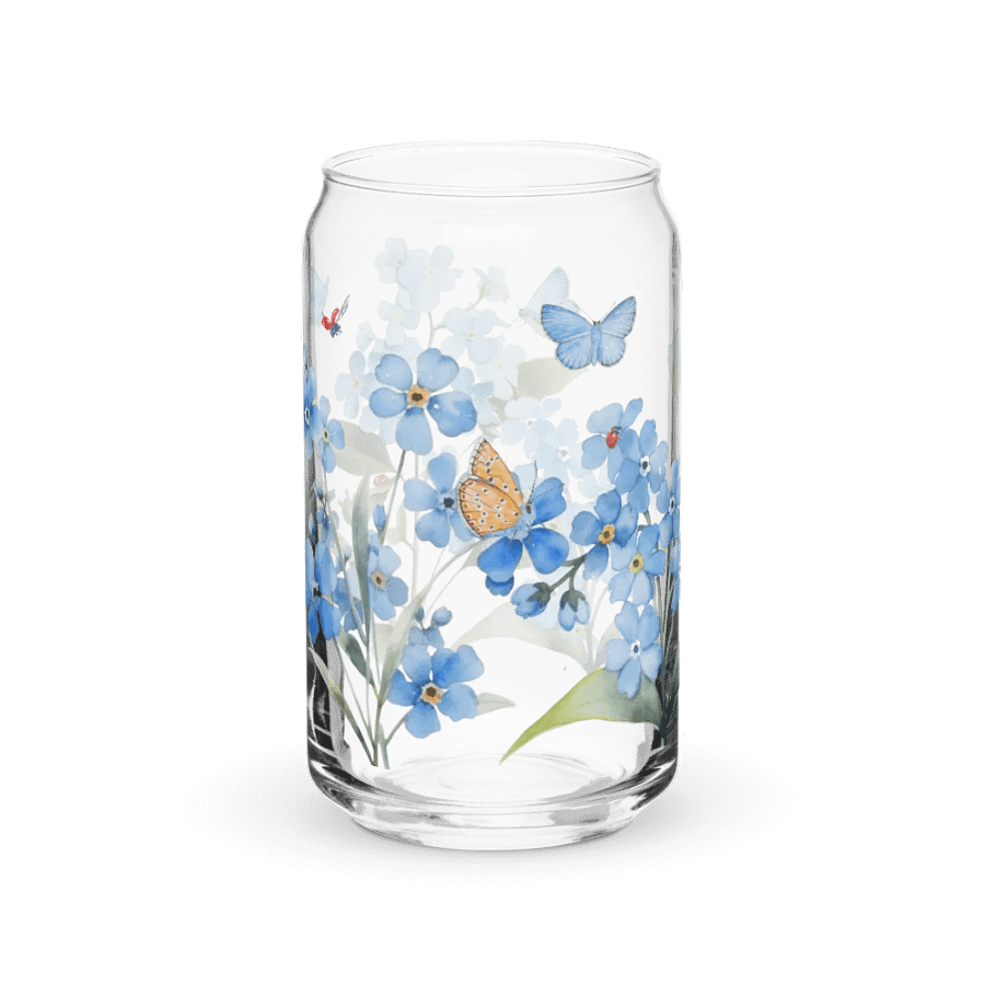 Forget-Me-Not Whispers Glass Can Tumbler | 16oz Eco-Friendly Botanical Drinkware | Blue Blossoms & Butterflies Design product image (10)