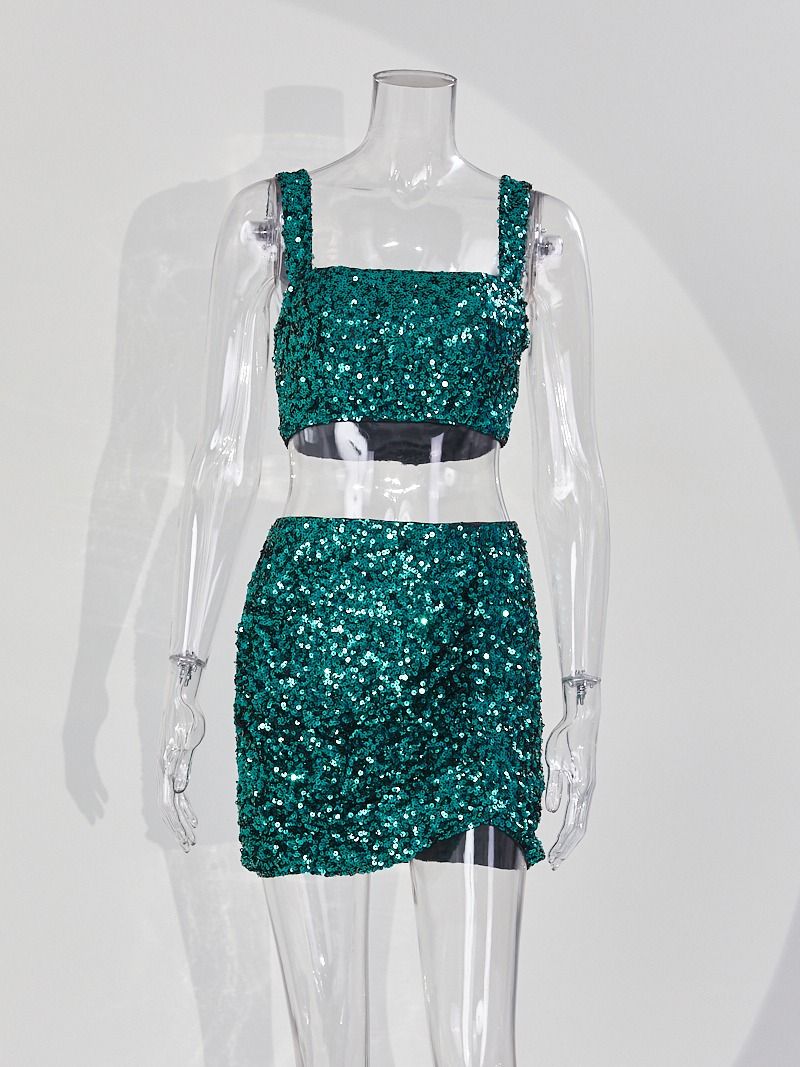 Wholesale sexy high quality slight stretch square neck sequin decor mini skirt sets product image (6)