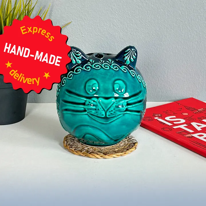 Ceramic cat, Turkish Totoro, turquoise candle holder — handmade pottery, handmade ceramic, home decor, handmade gift, Turkish ceramic product image (1)