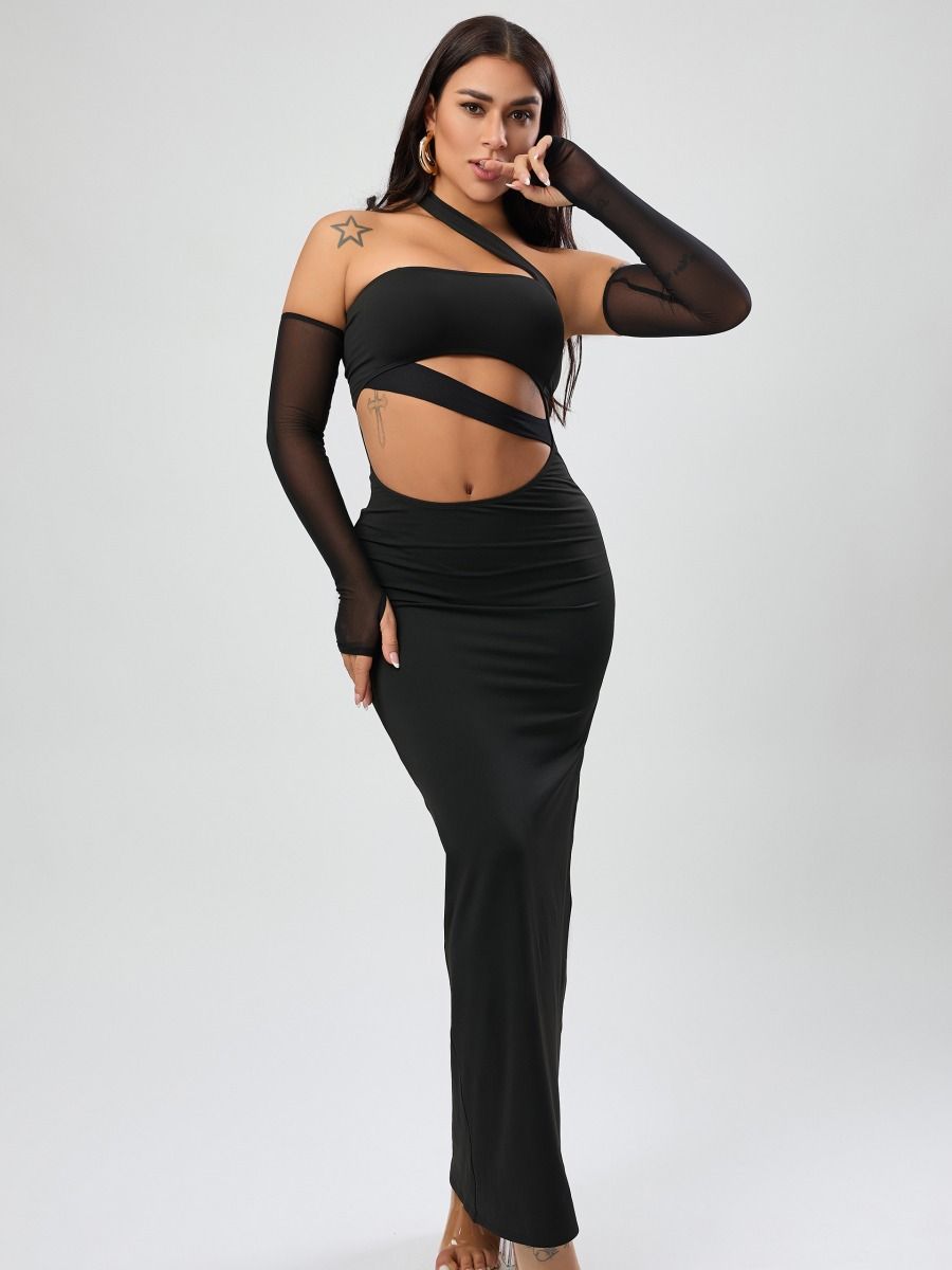 Wholesale high quality slight stretch solid slim hollow sexy maxi dress (with sleeves) product image (3)