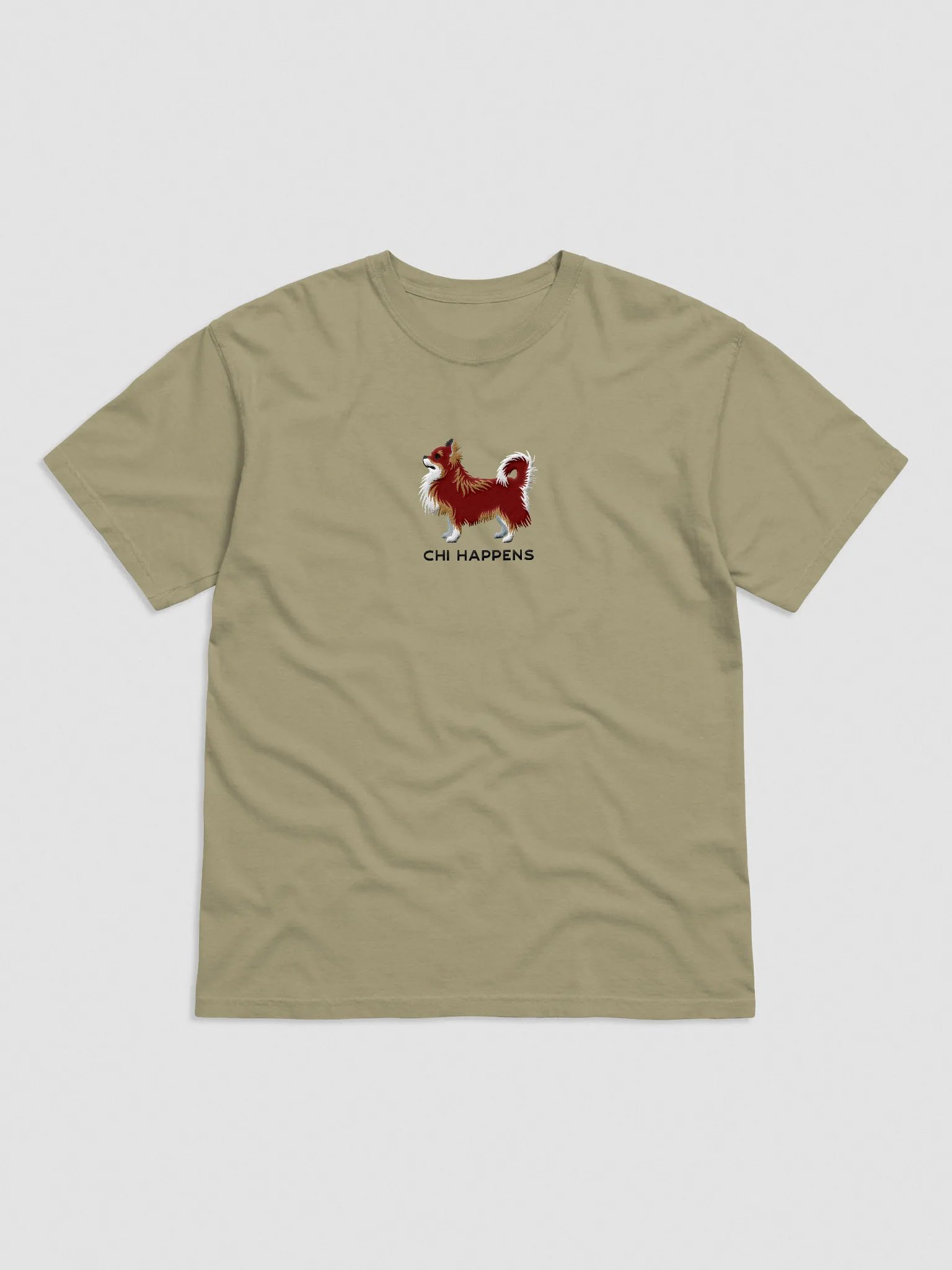 Chi Happens T-Shirt(Embroidered) of a Longhaired Chihuahua(Red Tricolor) product image (4)