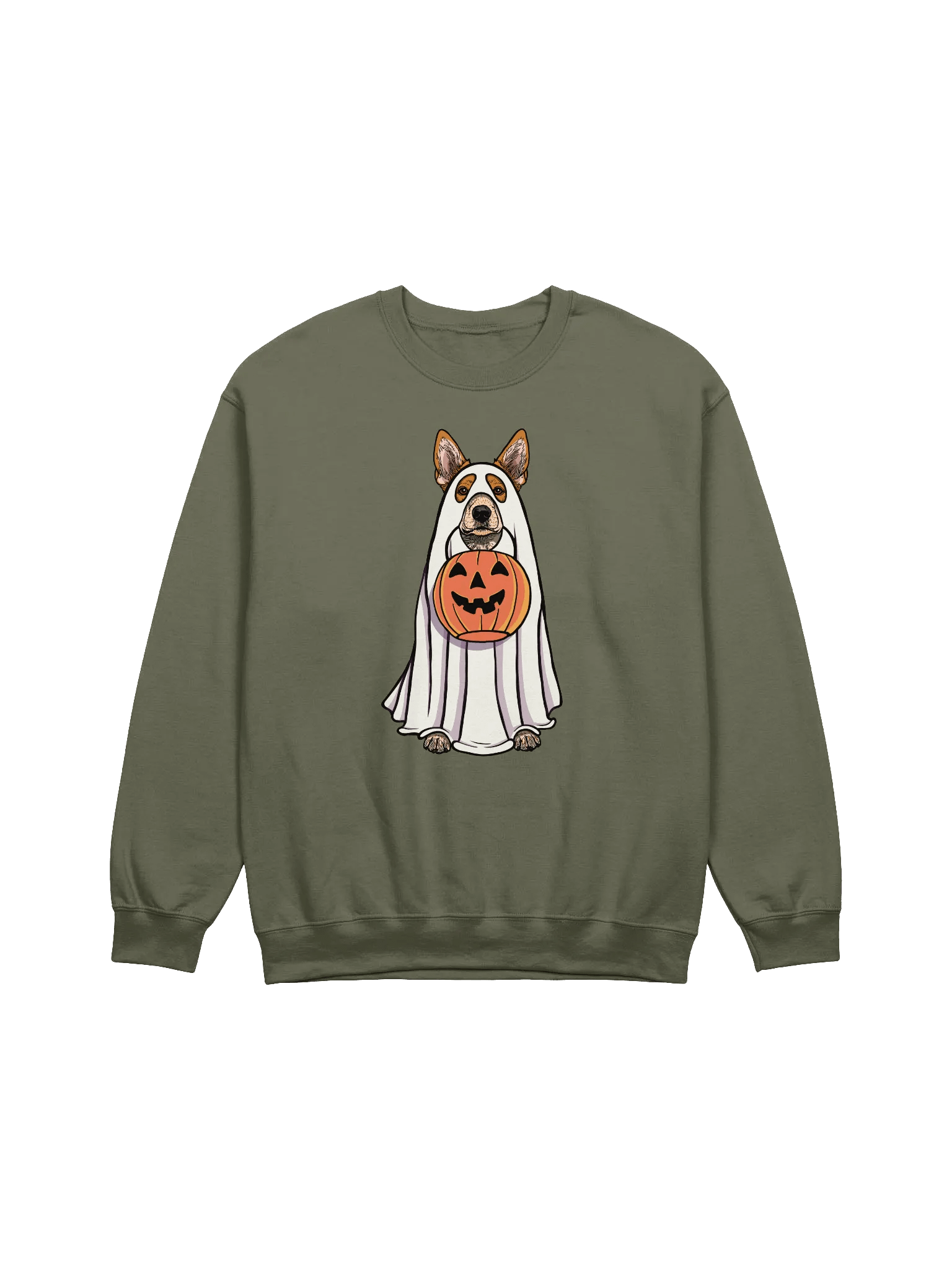Funny Halloween Australian Cattle Dog(2) Sweatshirt | Funny Red Heeler Wearing a Ghost Costume and Holding a Pumpkin Basket product image (17)