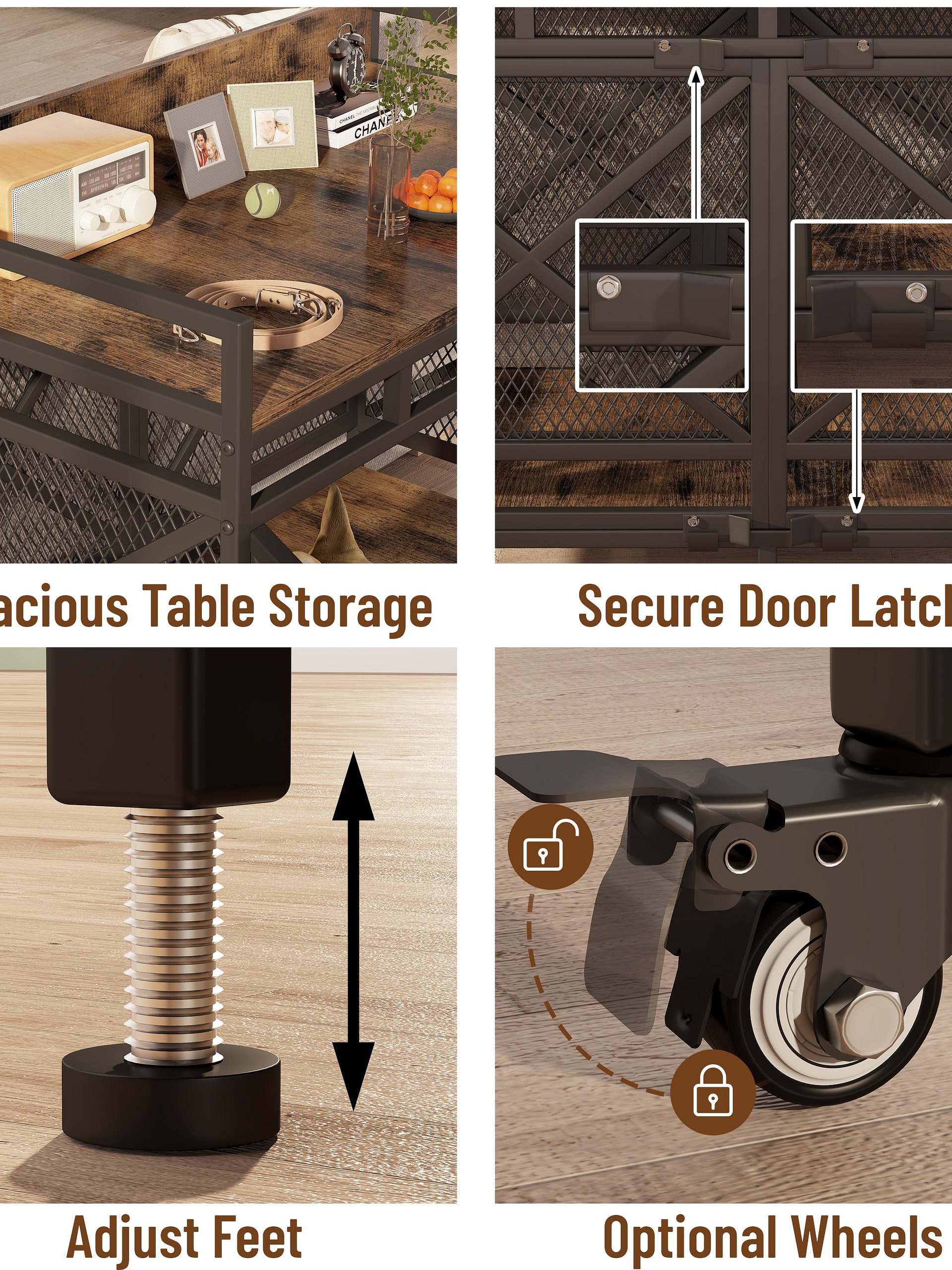 48 inch Dog Crate Furniture for Large Breeds (Up to 90 lb), Wooden & Steel, 360° Casters, Waterproof Top, Steel Lock,Vintage Brown product image (4)