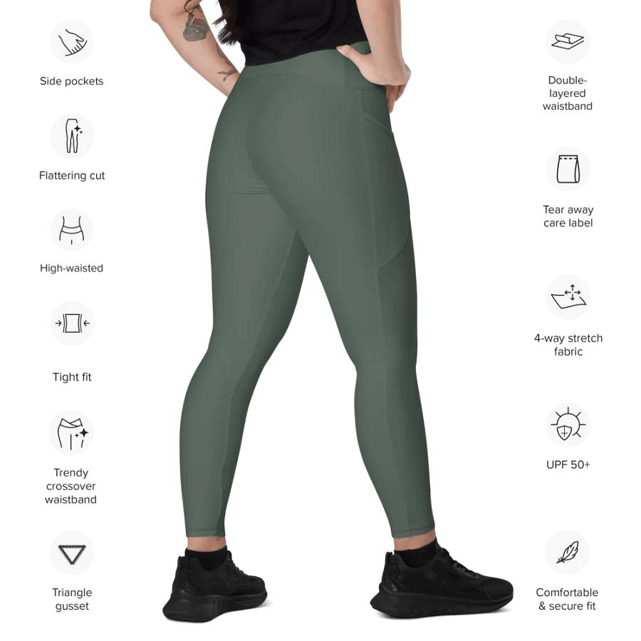 Plain Dark Sage Green Soft Summer Women's High Waisted Premium Crossover Leggings with Pockets by Treasure Pie product image (11)