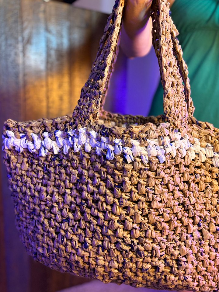 Large Handcrafted Crochet Tote Bag (brown with white stripe) product image (2)