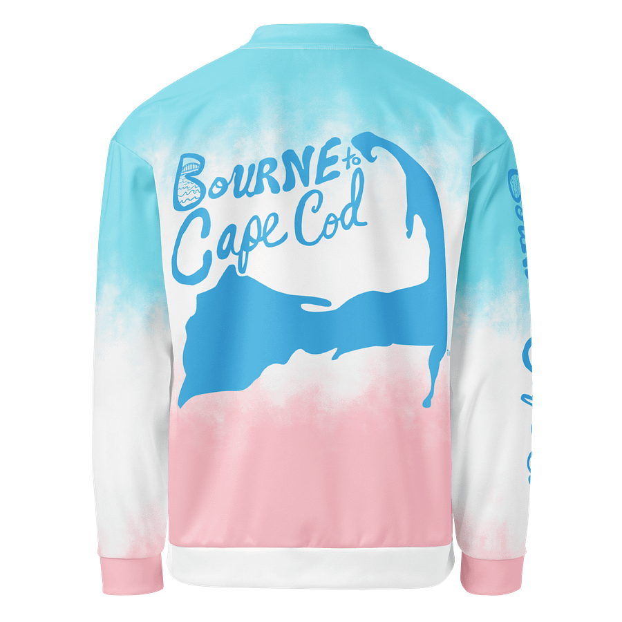 All-Over Print Bomber Jacket | Coastal Cool, City Bold | BOURNE to Cape Cod™ + BRN.2C.C.™ Style | Deep Sky Blue Logos on Patriotic Pastels product image (2)