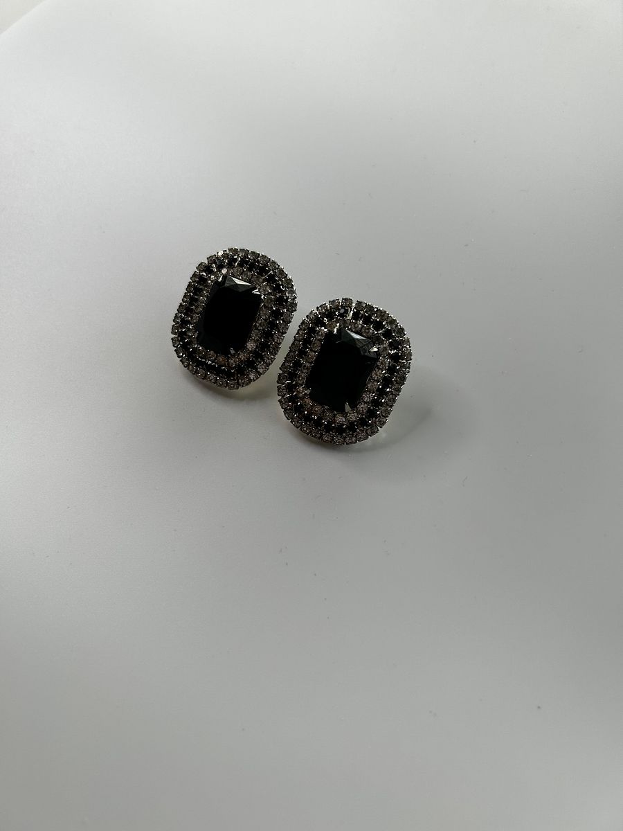Vintage Silver Tone Crystal Black Clear Rhinestones Clip On Earrings product image (3)