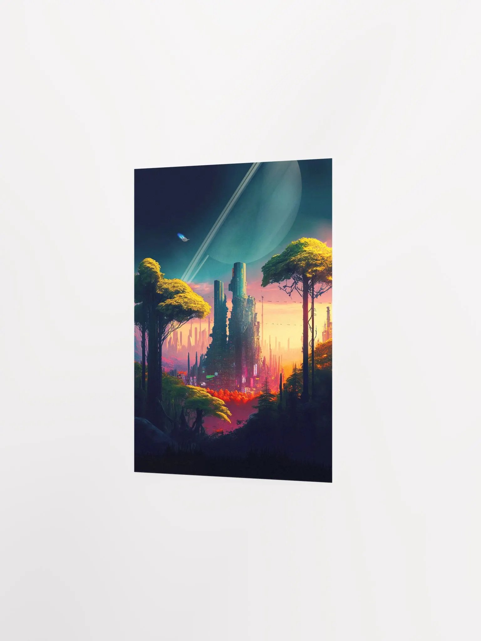 Neon cyberpunk city in a forest in orbit around Saturn (Star Wars/Blade Runner style) — surreal space collage art, futuristic sci-fi collage product image (7)