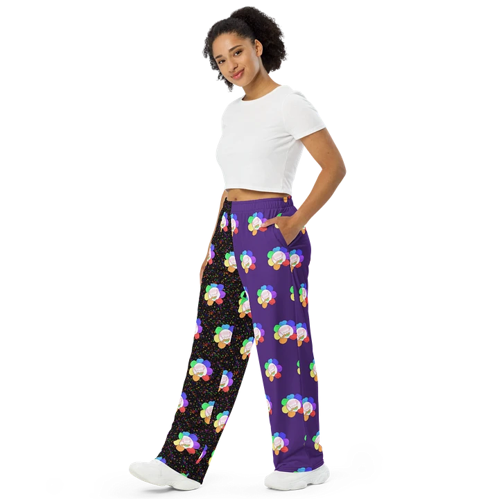 Split Purple and Arcade All-Over Flower Unisex Wide-Leg Pants product image (1)