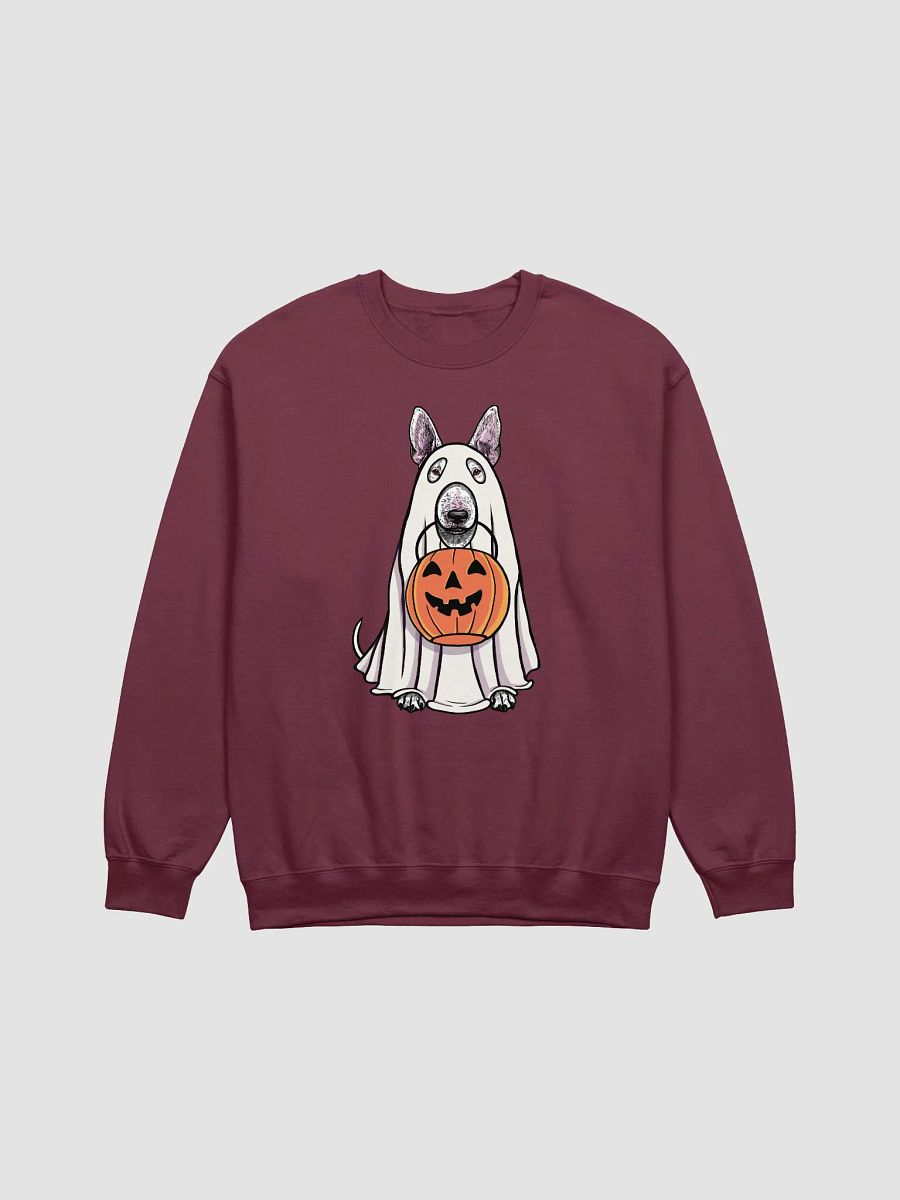Funny Halloween Bull Terrier Sweatshirt | Funny Dog Wearing a Ghost Costume and Holding a Pumpkin Basket product image (12)