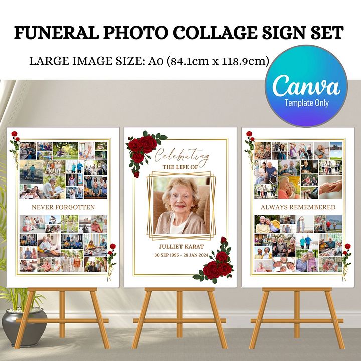 Red Roses Funeral Photo Collage Sign Set Canva Template product image (1)