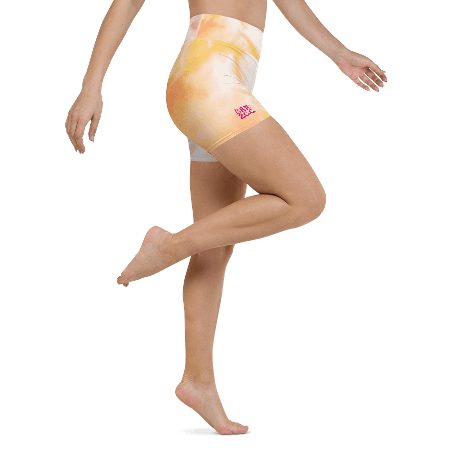 All-Over Print Yoga Shorts | with Inside Pocket | BRN.2C.C.™ | Coastal-Inspired Activewear | Vibrant Pink Logo on Orange Tie-Dye product image (6)