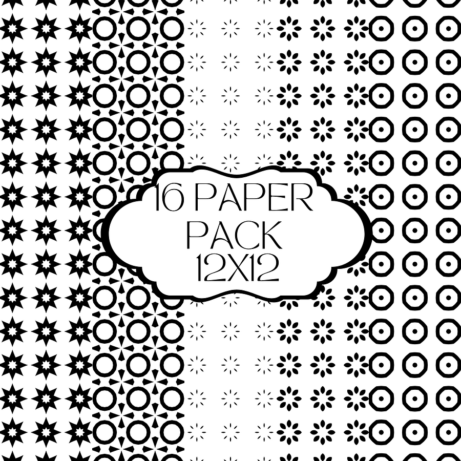 Elegant Black and White Patterned Paper Pack - 16 Sheets, 12x12 inches, 300 DPI product image (2)