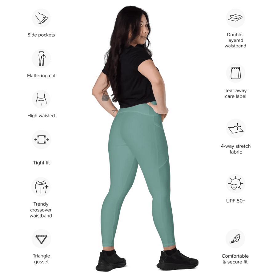 Plain Medium Teal Green Soft Summer Women's High Waisted Premium Crossover Leggings with Pockets by Treasure Pie product image (10)
