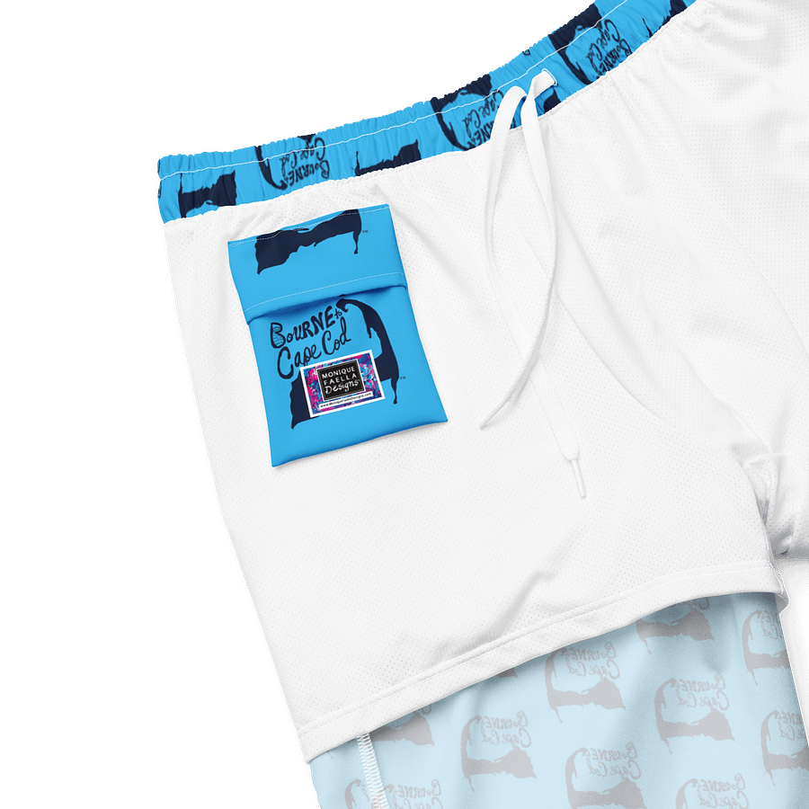 BOURNE to Cape Cod™ All-Over Logo Swim Trunks | Men's UPF 50+ Quick-Dry Coastal Shorts | Navy Logo Repeat Pattern on Deep Sky Blue product image (6)