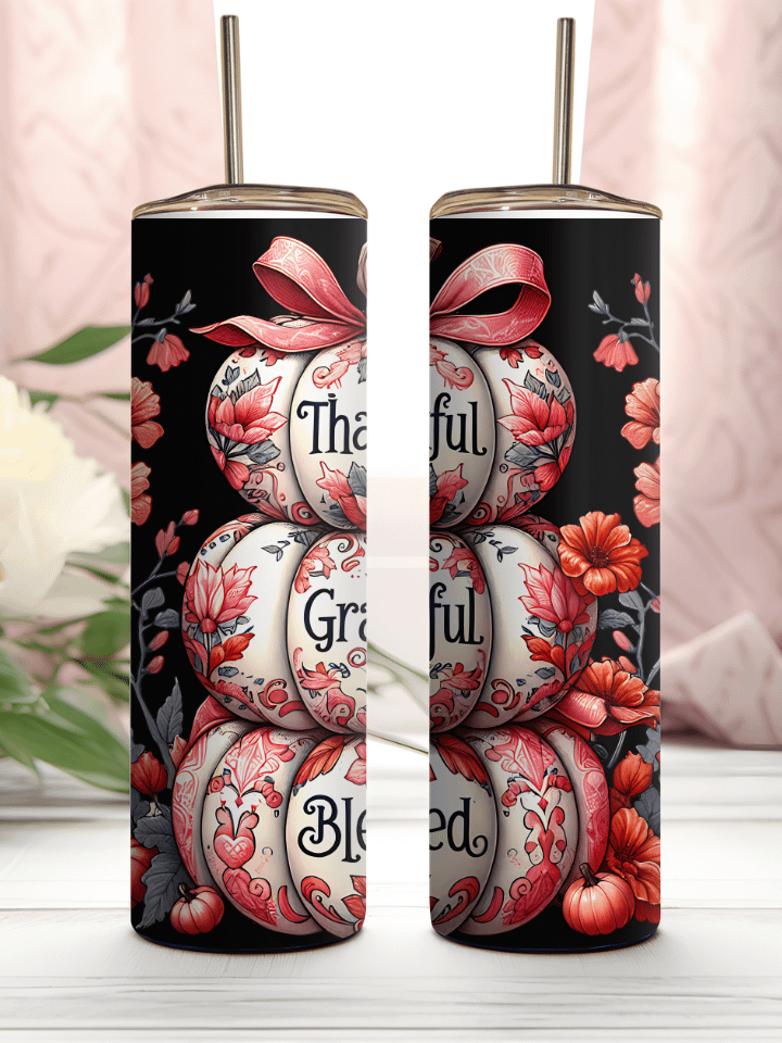 Thankful Grateful Blessed Pink & White Sublimation Design Stainless Steel Tumbler. product image (1)
