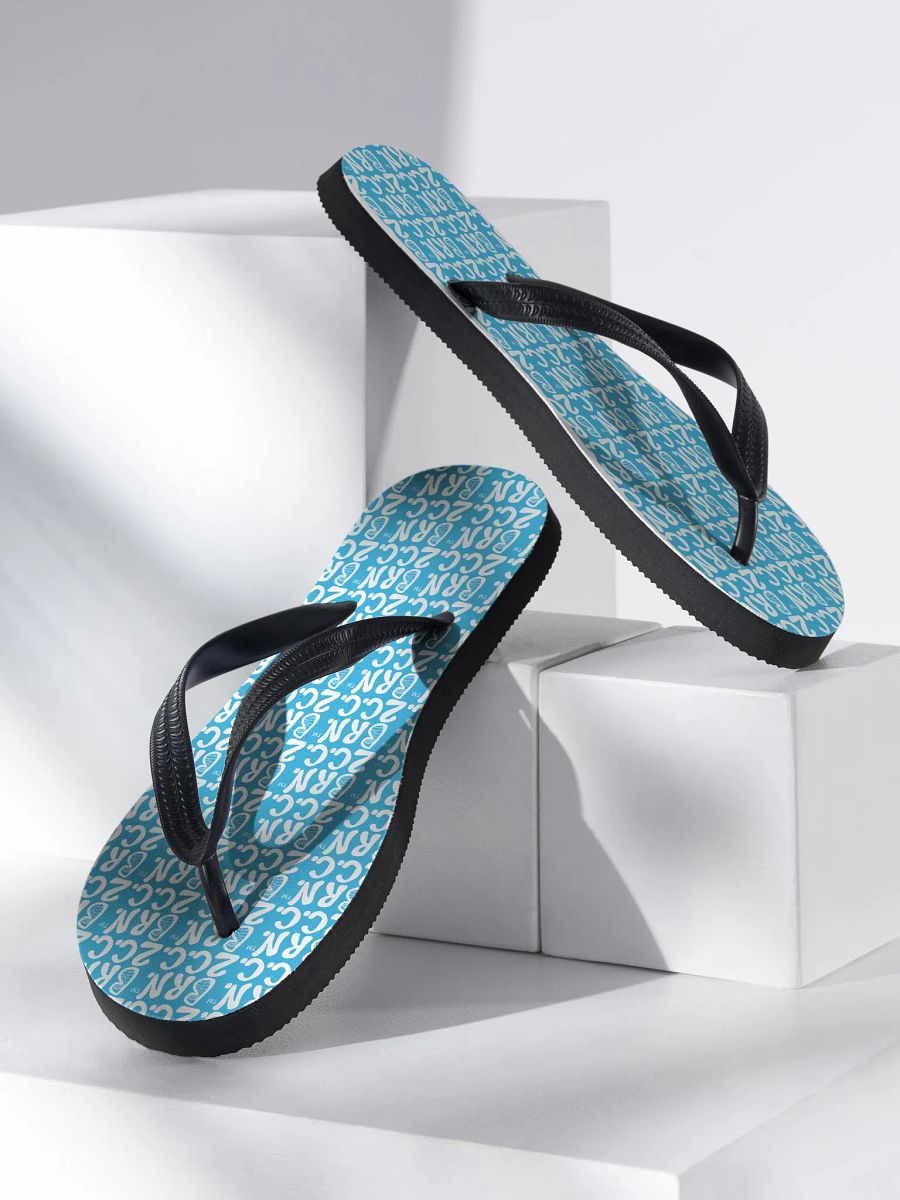 BOURNE to Flip Flop™ | Cape Cod Vibes for Your Soles | Mini BRN.2C.C. Logo Repeat Sandals | White Logo on Deep Sky Blue product image (2)