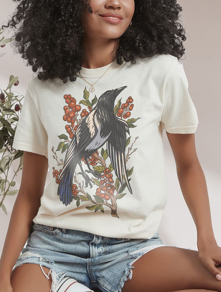 Goblincore and Cottagecore Shirts for Bird Lovers | Magpie on a Cranberry Plant Botanicals T-Shirt product image (10)