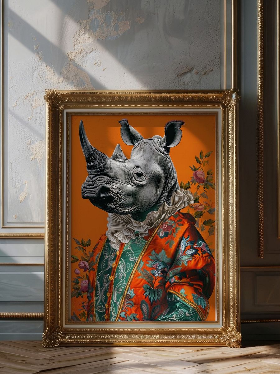 Rococo Rhino Portrait Burnt Orange Animal Fashion Art Print product image (7)