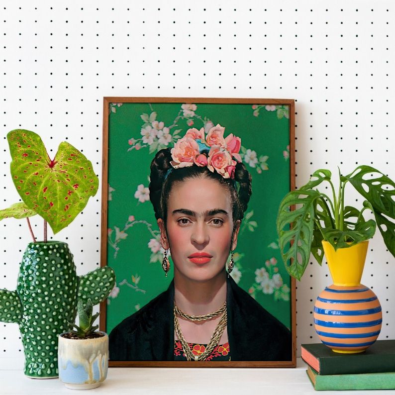 Frida Kahlo Portrait Photo in front of Green Floral Background product image (2)