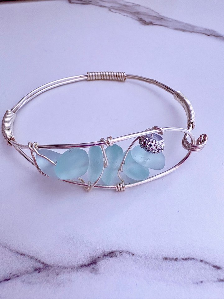 Seafoam Pebble Tide Bracelet | Wire-Wrapped Sea Glass | Handmade 7.5" Coastal Charm by Monique Faella Designs™ | MFD-00197 product image (2)