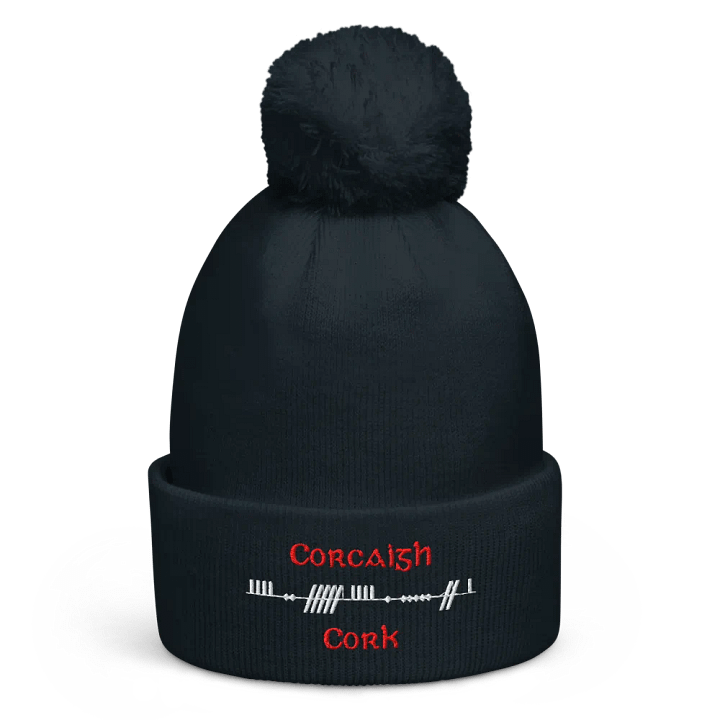 Cork/Corcaigh, Scholastic Style Ogham, red and white, embroidered Pom-Pom Beanie product image (1)