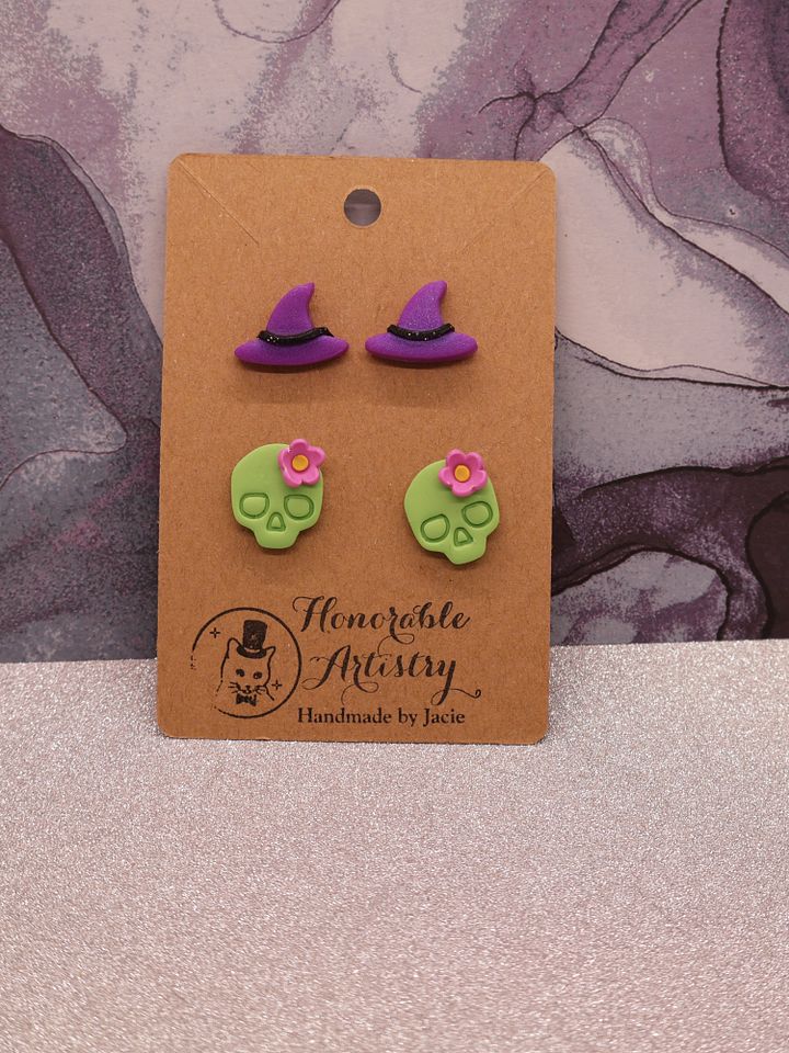 Witchy Skull Stud Earrings - Polymer Clay product image (4)