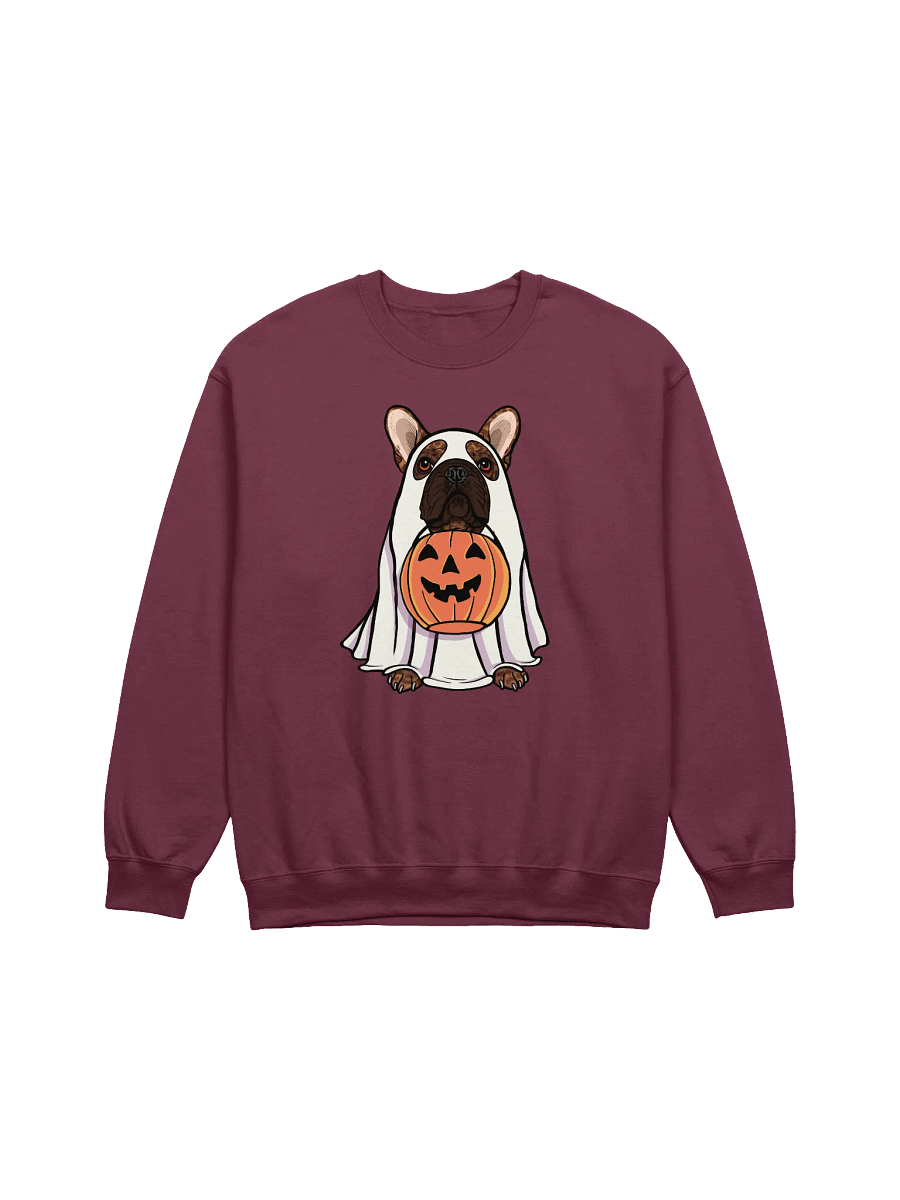 Funny Halloween French Bulldog(Brindle) Sweatshirt | Funny Frenchie Wearing a Ghost Costume and Holding a Pumpkin Basket product image (12)
