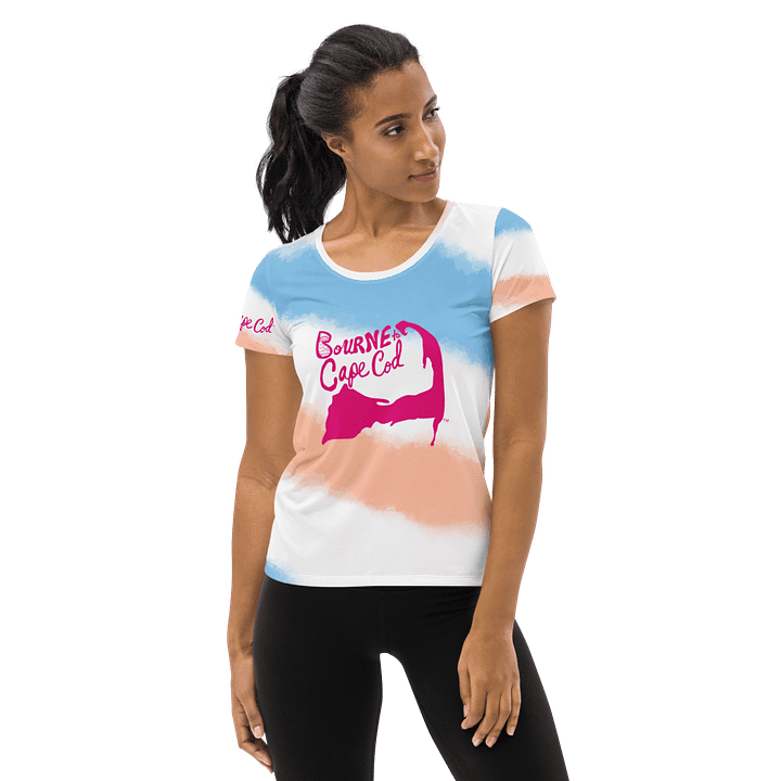 Women's | BOURNE to Cape Cod™ | Sporty Prep Tee ⚓️ | Athletic Style | Pink Logo on Diagonal Patriotic Pastels product image (1)