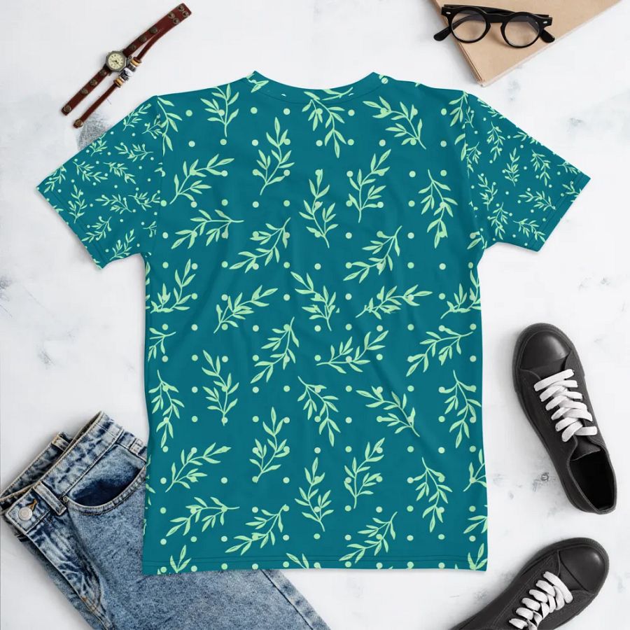 Ladies T shirt all over print teal color  leafy design  giving a fresh healthy feel for outdoor activity or outing. product image (5)