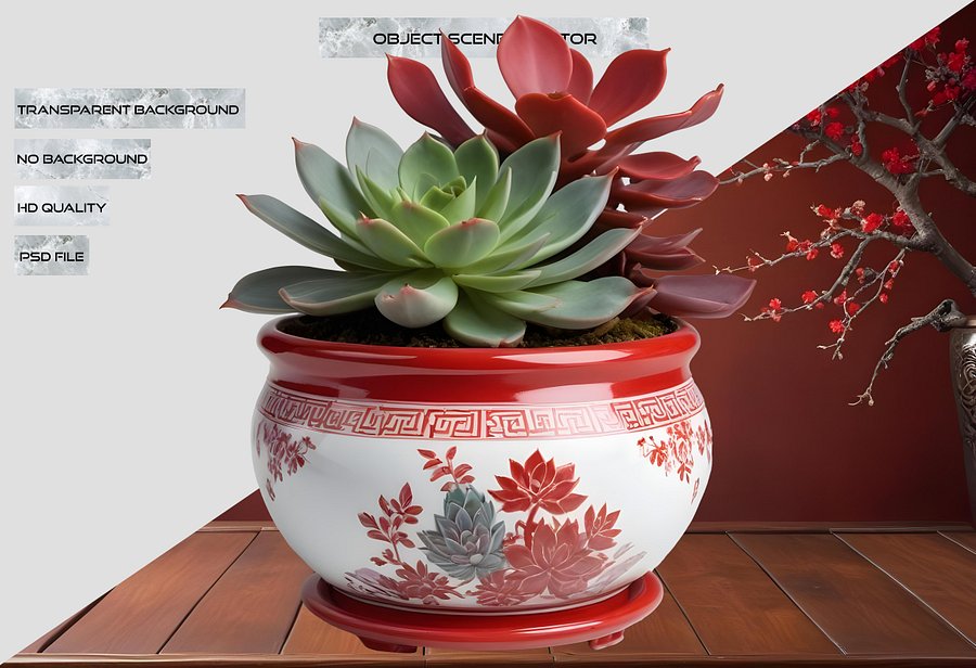 Chinese Porcelain Pot with Succulents – Red and White Décor PNG product image (2)