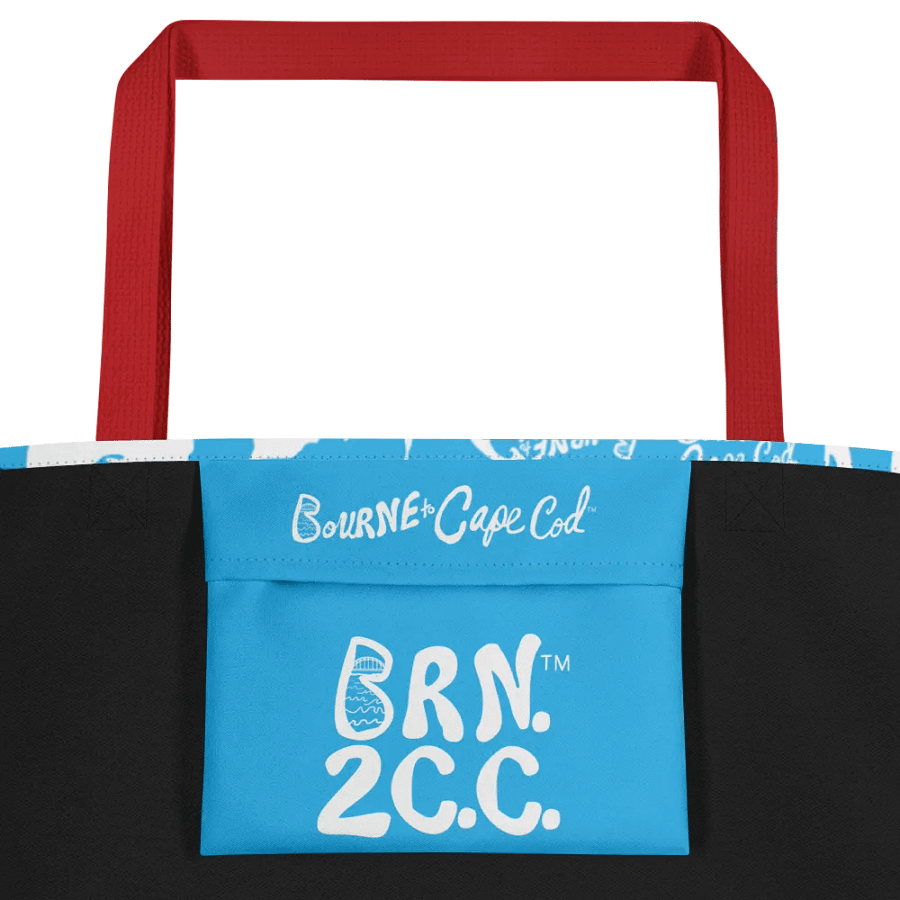 BOURNE to Cape Cod™ | Large Tote Bag with Pocket | Coastal Classic | All-Over Logo Print | White Logo Repeat on Deep Sky Blue product image (3)