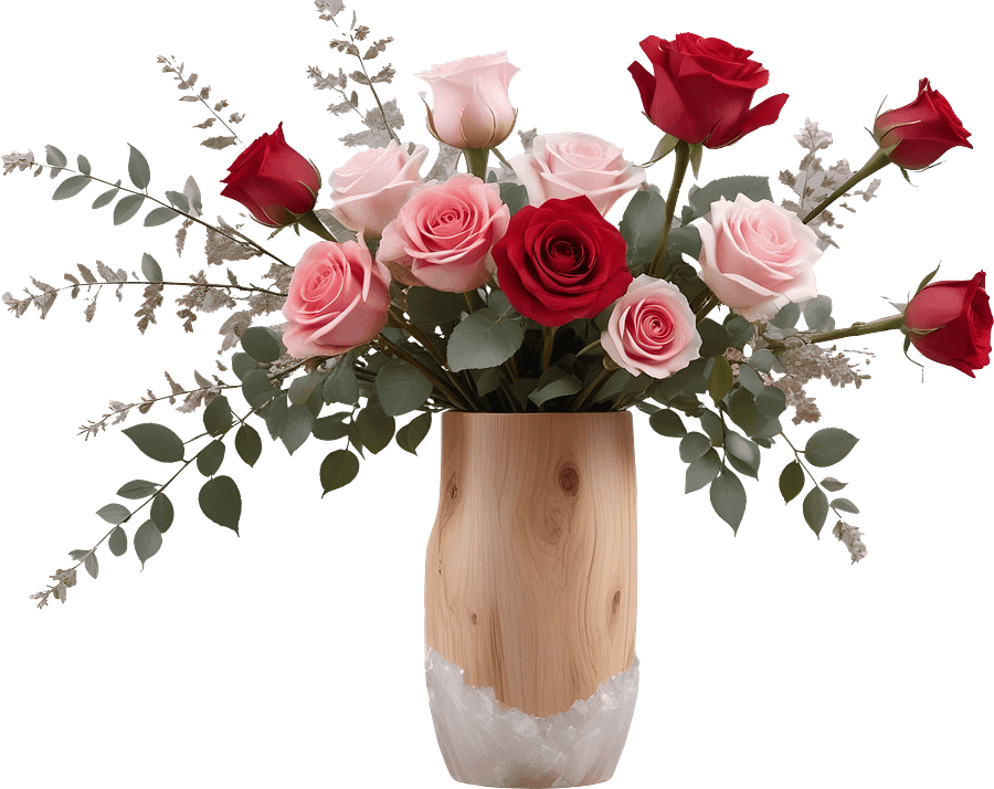 Tall Wooden and Rose Quartz Vase with Romantic Rose Arrangement PNG product image (1)