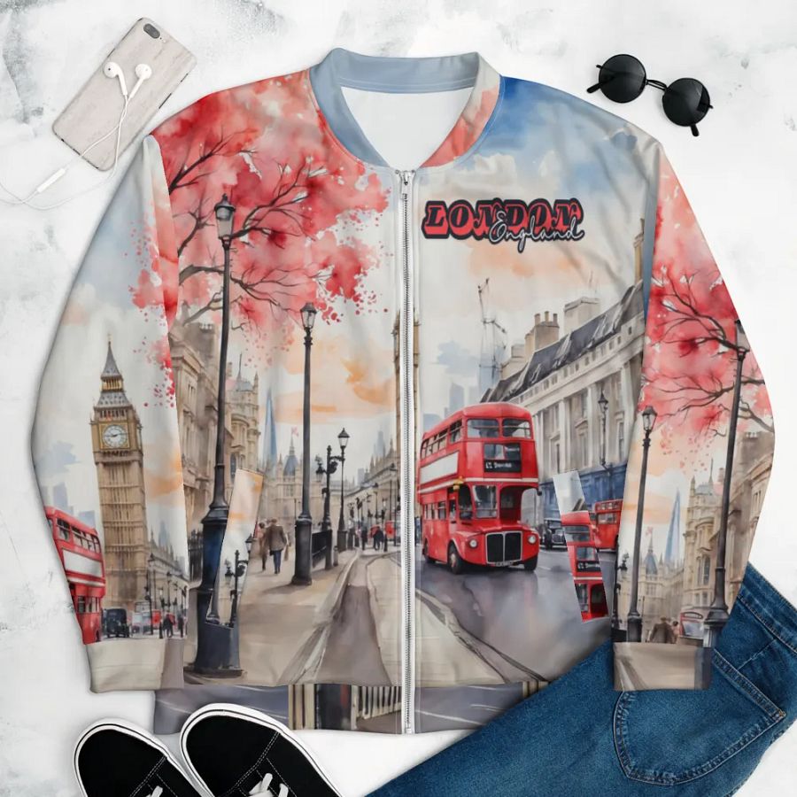 London England Watercolor All Over Print Bomber Jacket product image (5)
