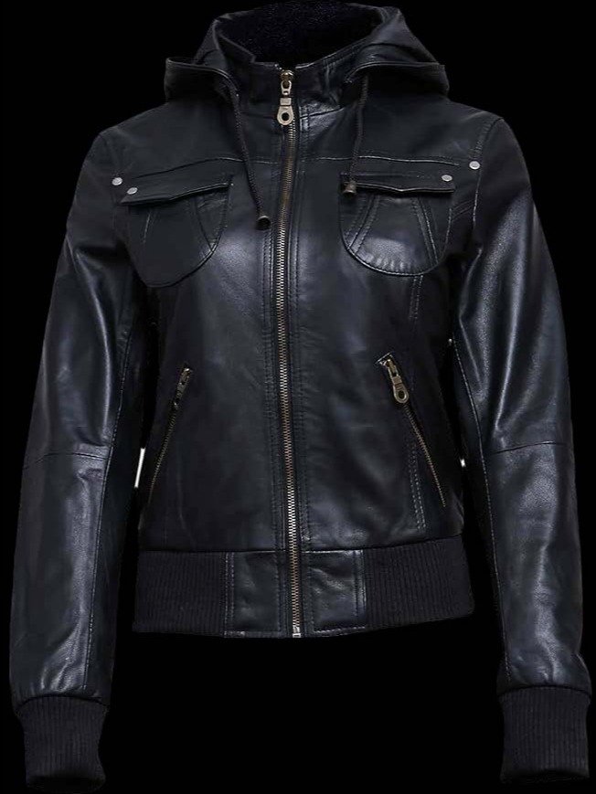 Ladies Leather Moto Jacket w Removable Hood product image (1)