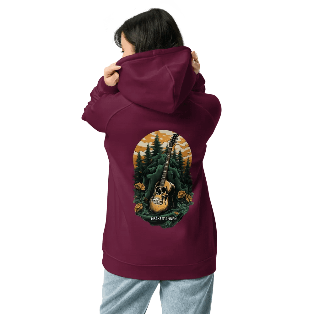 Unisex Eco Raglan Hoodie 🌲 Dark green spruce forest with a skull-shaped guitar product image (10)