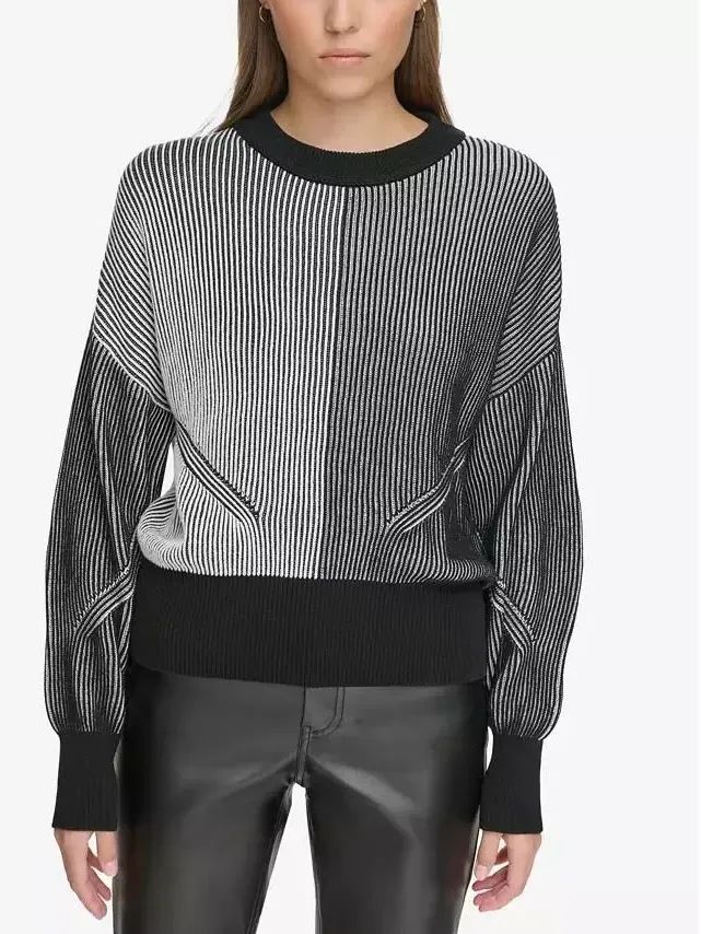 Womens DKNY Jeans Crewneck Transfer Ribbed Sweater Size S M L 3X Black Ivory NWT product image (1)