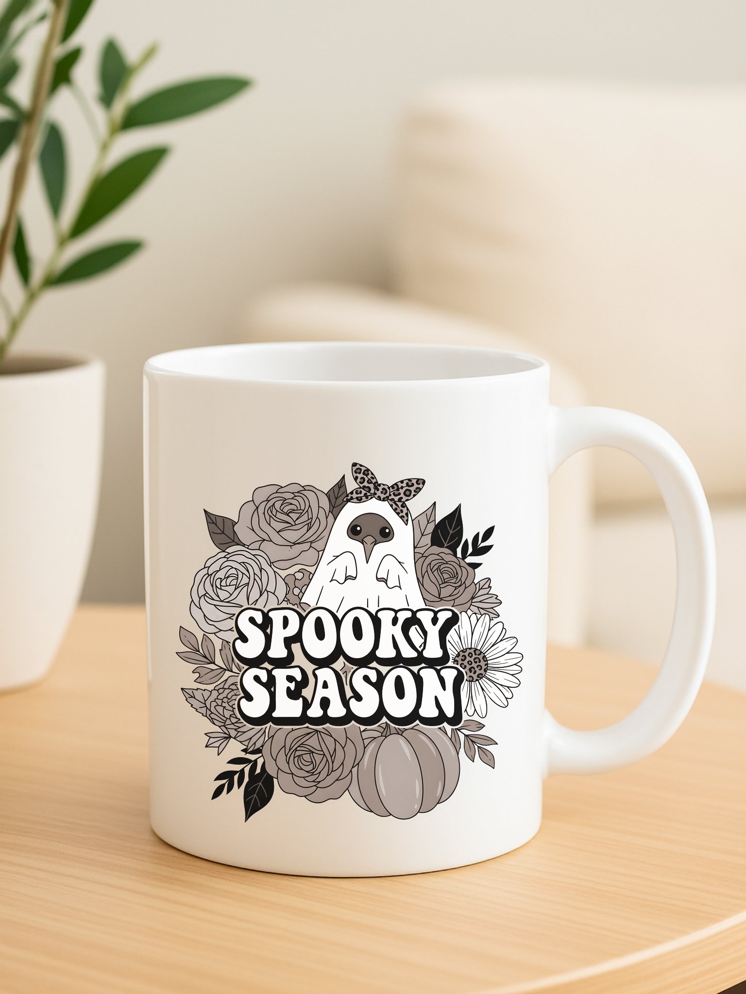 Spooky Season – Ghost Kiwi with Florals (Monochrome) Digital Print product image (3)