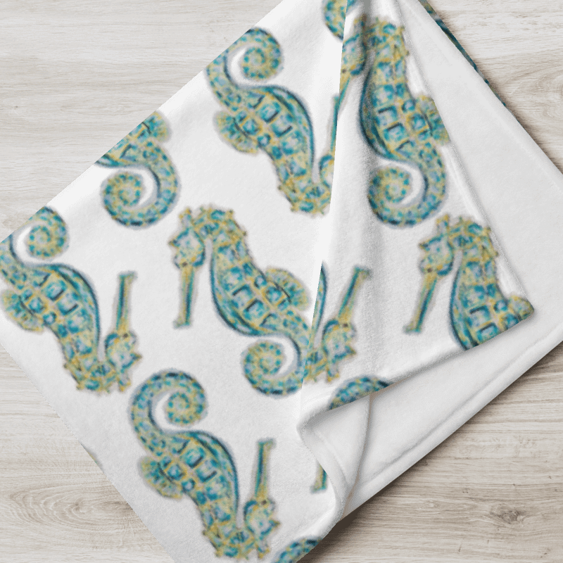 Painted Seahorses on White | Cozy Coastal Throw Blanket | by Monique Faella Designs™ product image (7)