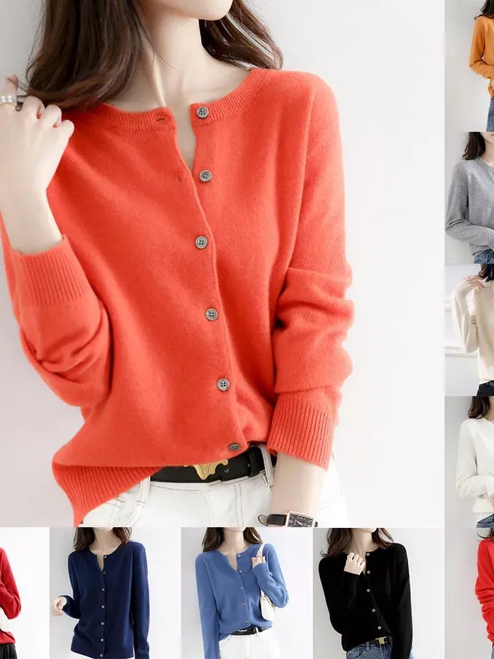 Women's Cashmere Blend Cardigan Sweater Solid Color Simple Crew Neck Jacket Coat product image (7)