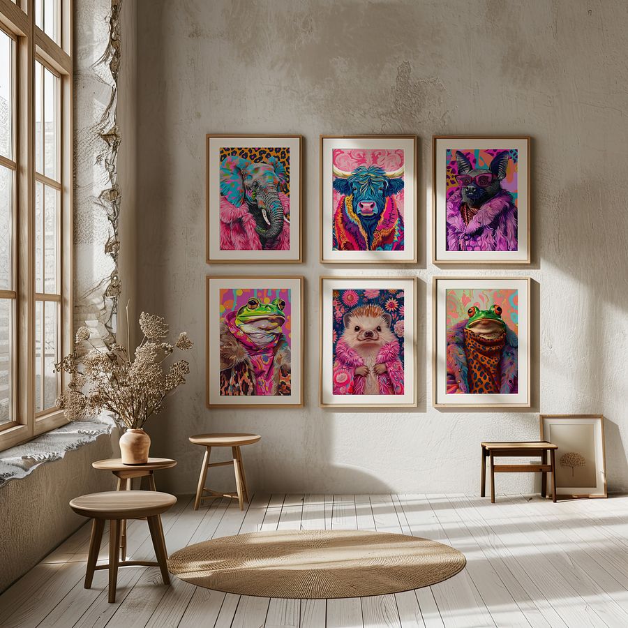 Anthropomorphic Animal Fashion Art DIGITAL Print Set of 6 ~ Frog, Toad, Highland Cow, Hedgehog, Bat, Elephant ~ product image (11)