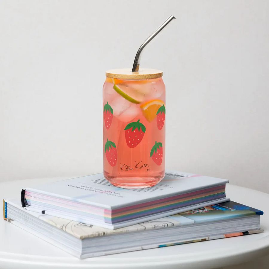 strawberry glass cup with lid & straw product image (6)