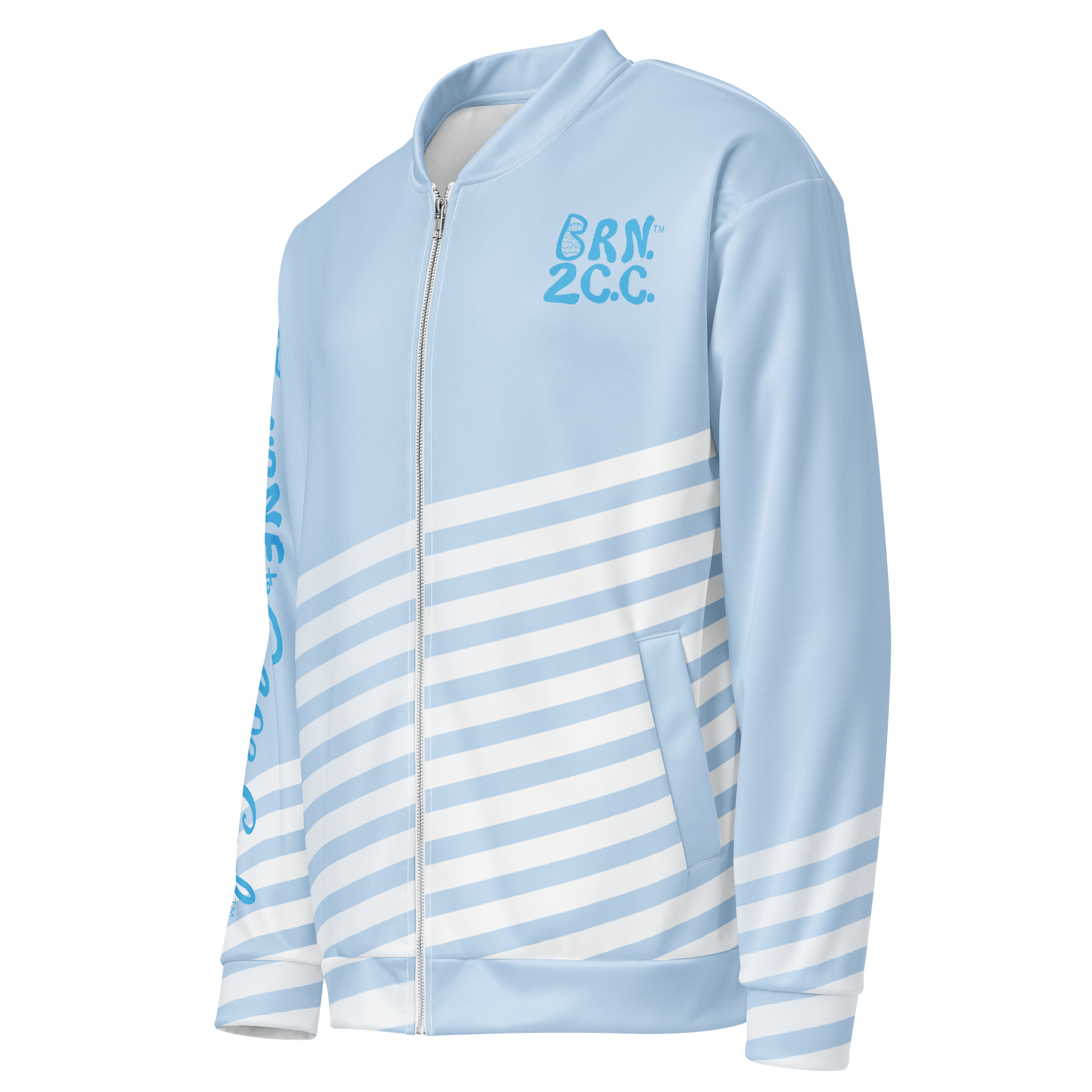 All-Over Print Bomber Jacket | Coastal Cool, City Bold | BOURNE to Cape Cod™ + BRN.2C.C.™ Style | Deep Sky Blue Logos on Skyline Stripes product image (3)
