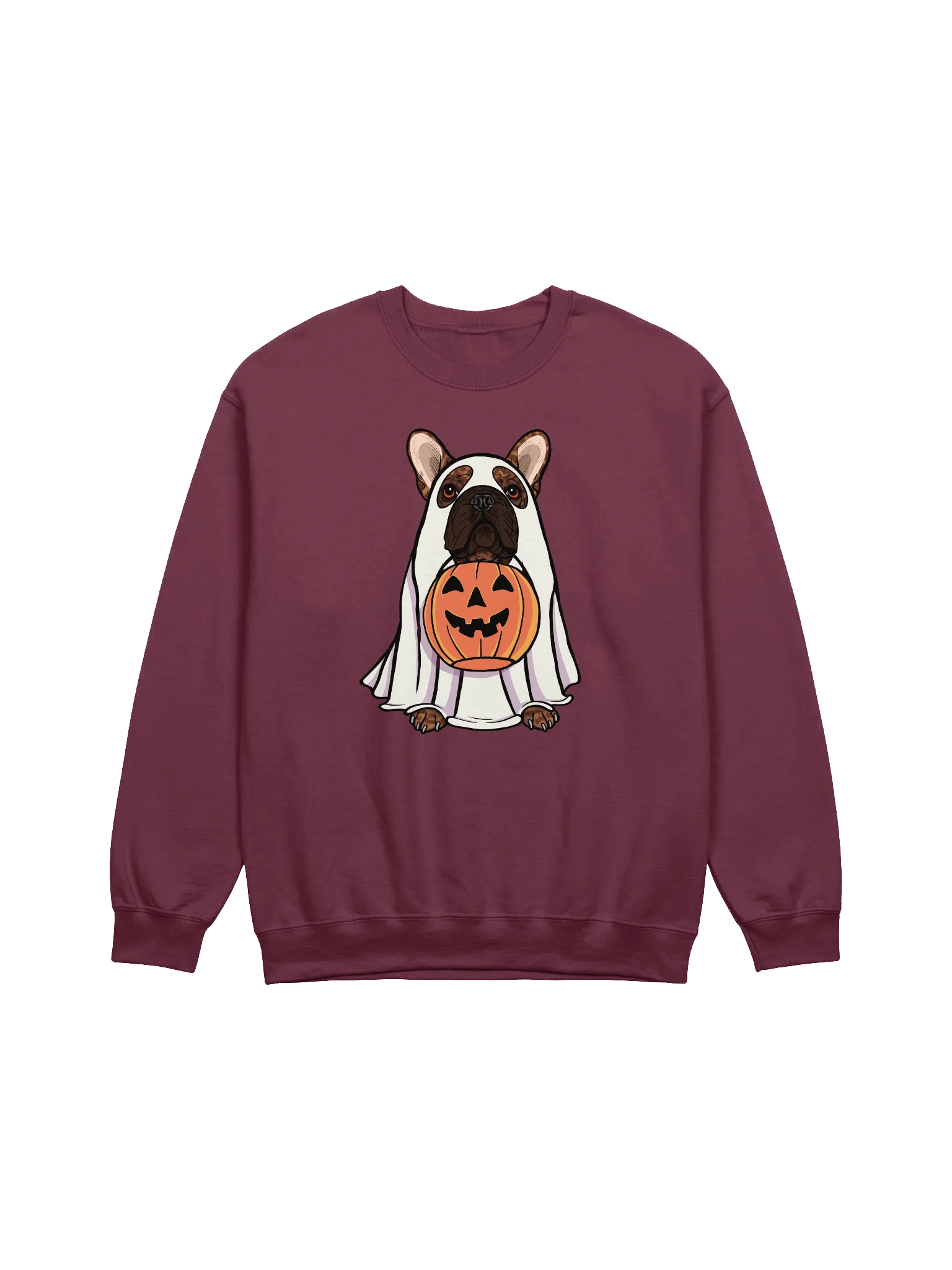 Funny Halloween French Bulldog(Brindle) Sweatshirt | Funny Frenchie Wearing a Ghost Costume and Holding a Pumpkin Basket product image (1)