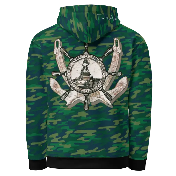Teal Camouflage Twin anchor ship wheel & Tug CE Hoodie product image (1)