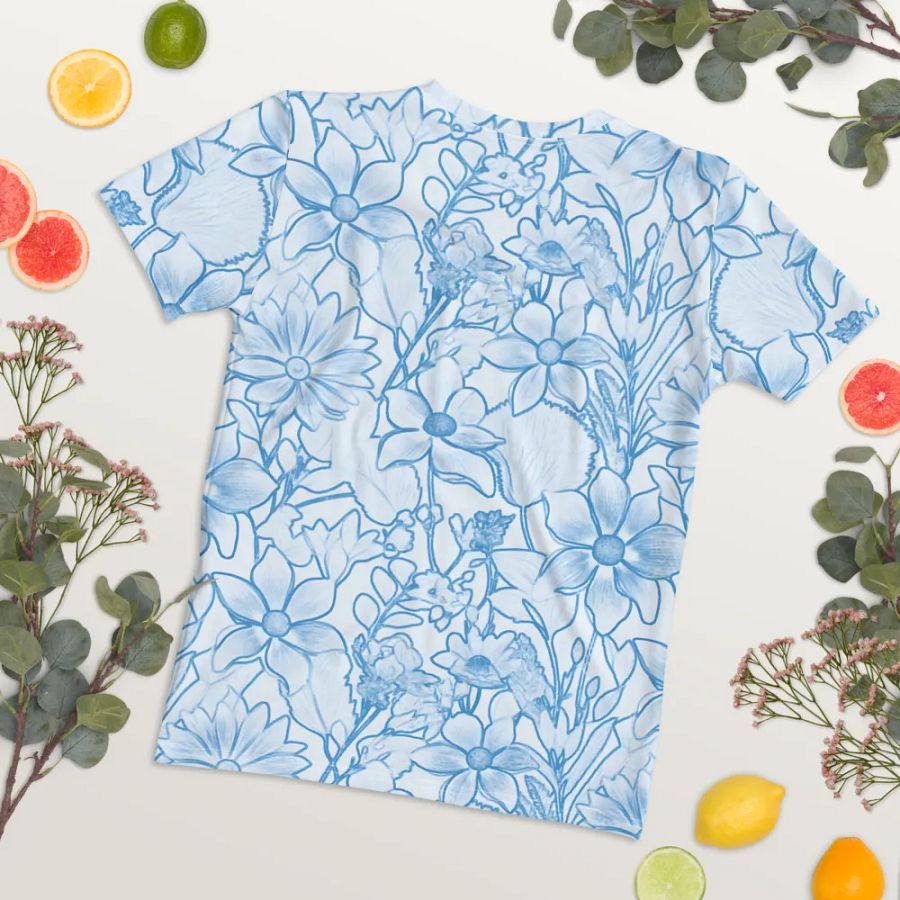 Line art Blue and White Floral/All-Over Print Women's Crew Neck T-Shirt by Sublicolor product image (5)