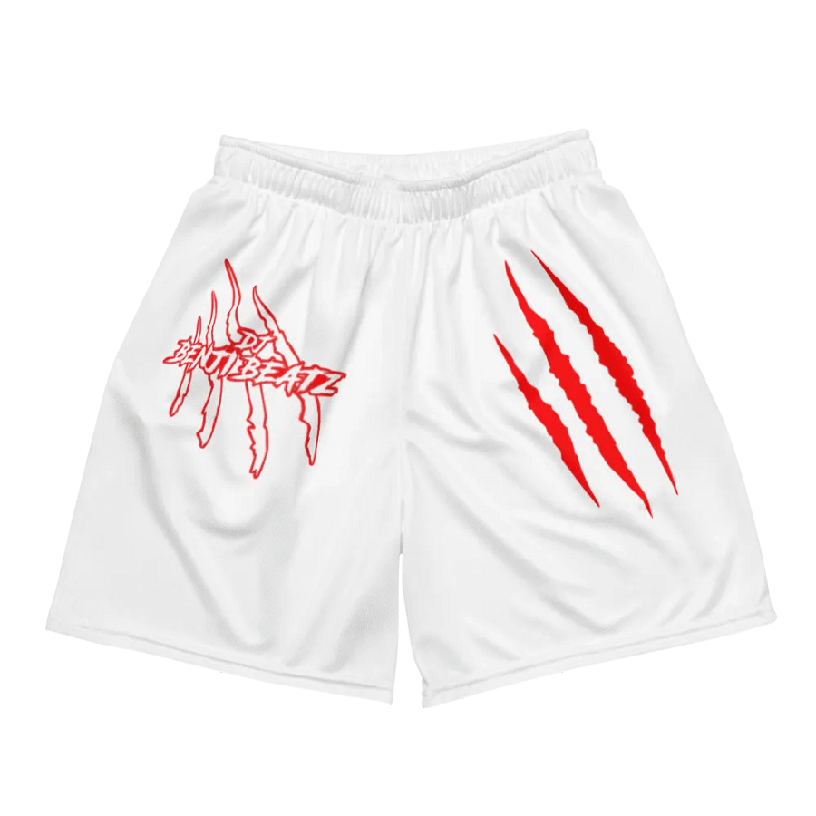 "DJ Benji Beatz Logo with Scars (Red)" All-Over Print Recycled Unisex Mesh White Shorts product image (1)